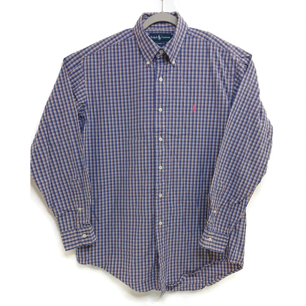 Ralph Lauren Shirt Mens Medium Blue Plaid Classic Fit Button‎ Down Long Sleeve